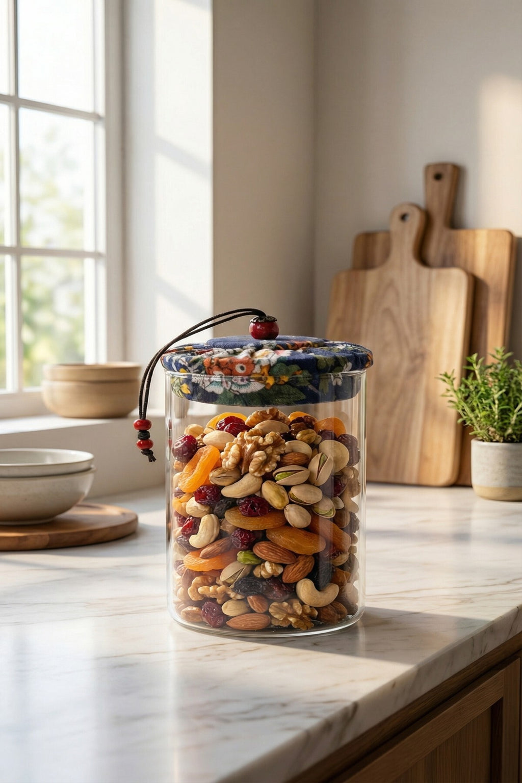 650 ml Borosilikat Cam Hava Geçirmez Kumaş Kaplama Bambu Kapaklı Kavanoz, çap: 8 cm, h: 18 cm