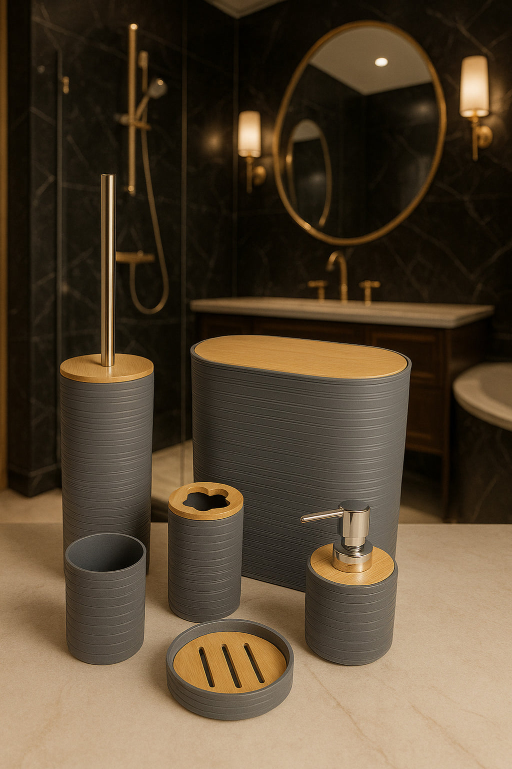 6'lı Banyo Seti, Bambu Kapaklı, Gri, Oval, 8 litre
