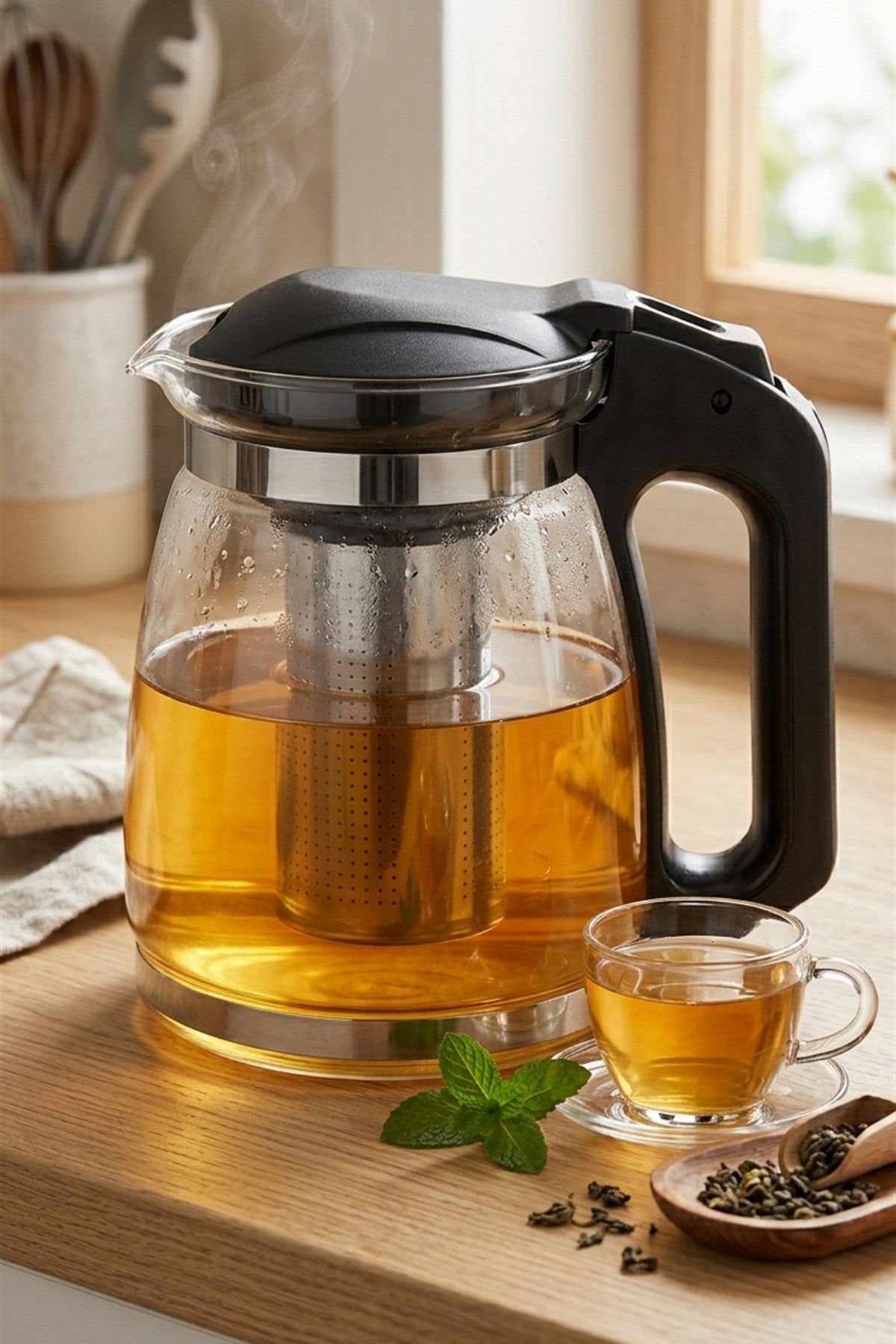 1500 ML Çelik Süzgeçli Cam Demlik