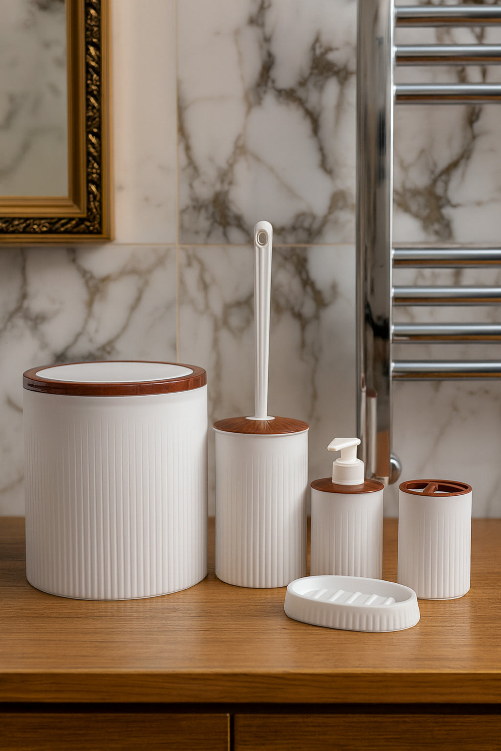 5 Parça Şık Beyaz Banyo Seti, Hacim: 6 litre