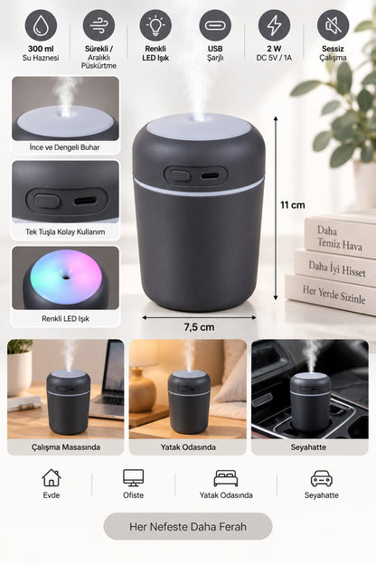 Hava Nemlendirici 300 ml, USB Şarjlı, LED Işıklı, 7,5 x 11 cm
