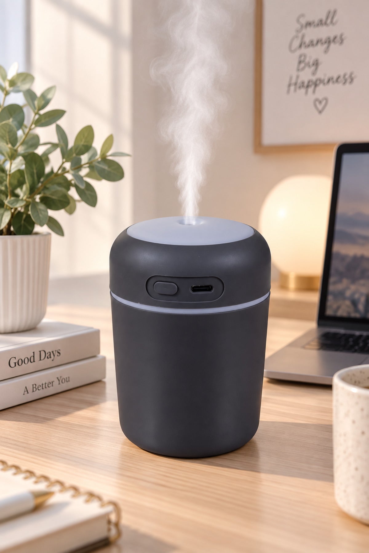 Hava Nemlendirici 300 ml, USB Şarjlı, LED Işıklı, 7,5 x 11 cm – Gri