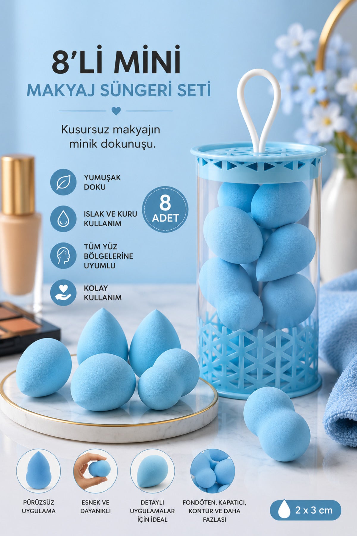 Mini Boy 8'li Mavi Makyaj Süngeri Seti- 2 cm x 3 cm Makyaj Uygulama Süngeri