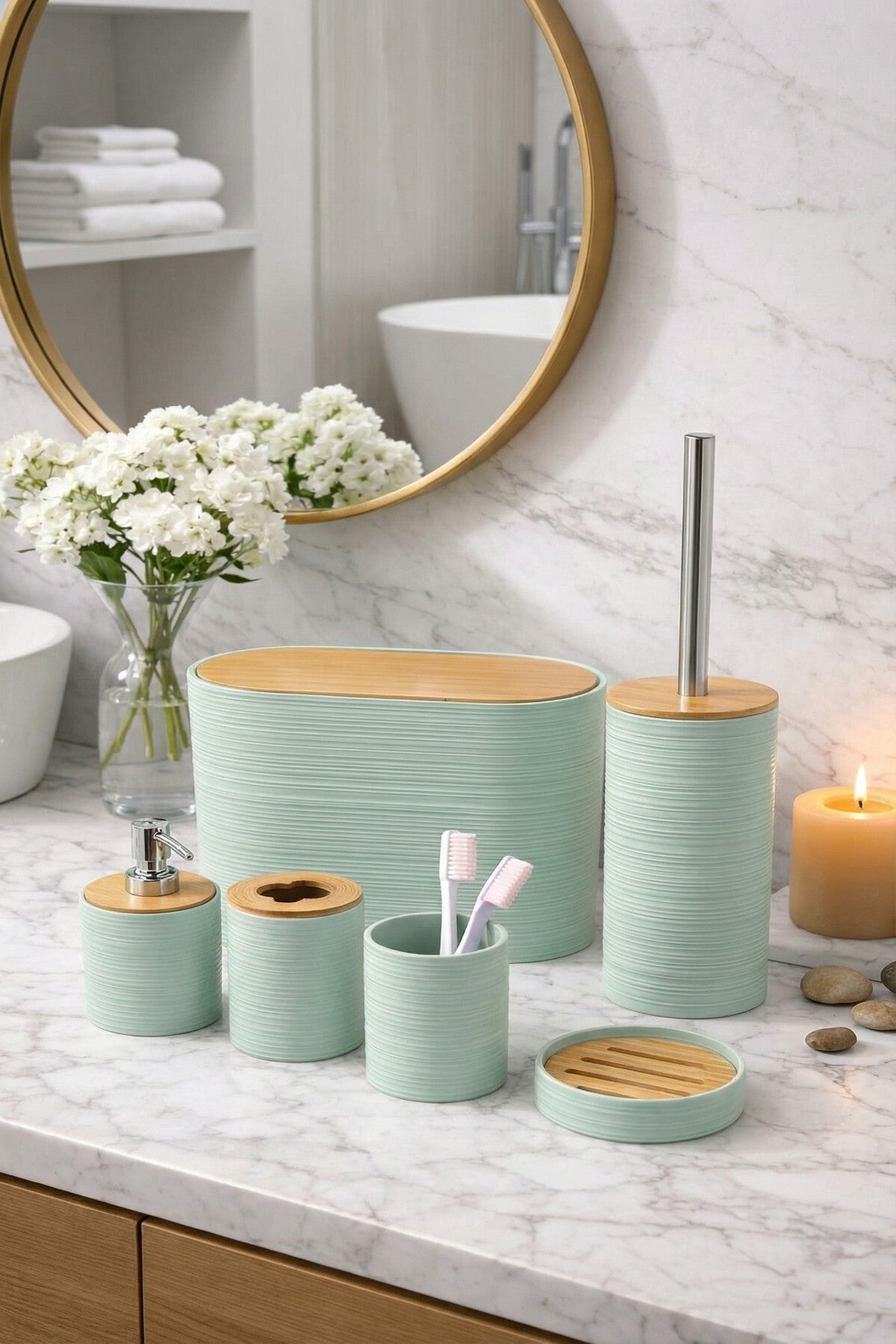 6 Parça Banyo Seti, Bambu Detaylı, 8L Çöp Kovası 24x26x16 cm