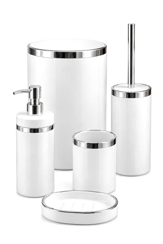 Banyo Seti 5'li, Yuvarlak, Akrilik-Çöp Kovası, WC Fırçalık, Sıvı Sabunluk, Diş Fırçalık, El Sabunluk – Beyaz