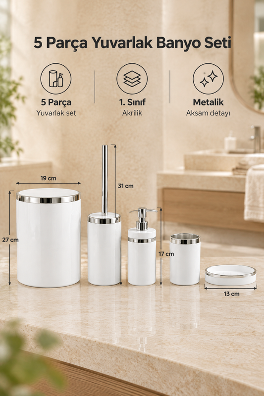 Banyo Seti 5'li, Yuvarlak, Akrilik-Çöp Kovası, WC Fırçalık, Sıvı Sabunluk, Diş Fırçalık, El Sabunluk – Beyaz