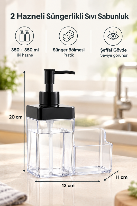 Sıvı Sabunluk Süngerlikli, 2 Hazneli, 350 ml + 350 ml, Plastik – Siyah