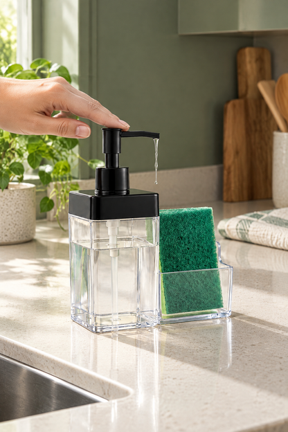 Sıvı Sabunluk Süngerlikli, 2 Hazneli, 350 ml + 350 ml, Plastik – Siyah