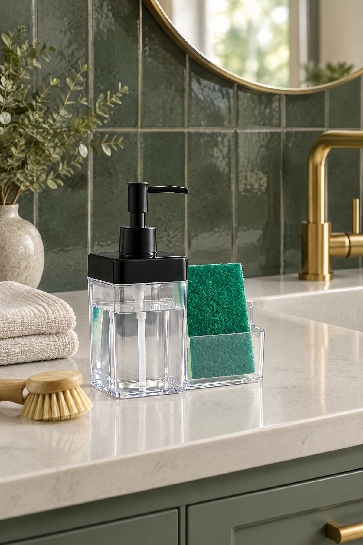 Sıvı Sabunluk Süngerlikli, 2 Hazneli, 350 ml + 350 ml, Plastik – Siyah