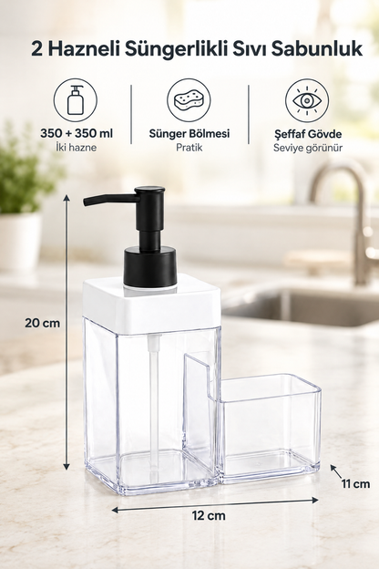 Sıvı Sabunluk Süngerlikli, 2 Hazneli, 350 ml + 350 ml, Plastik – Beyaz