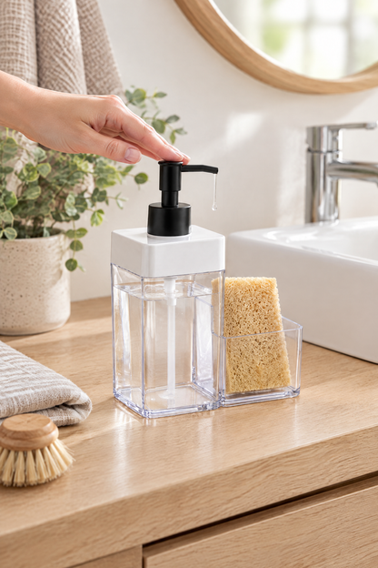 Sıvı Sabunluk Süngerlikli, 2 Hazneli, 350 ml + 350 ml, Plastik – Beyaz