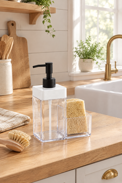 Sıvı Sabunluk Süngerlikli, 2 Hazneli, 350 ml + 350 ml, Plastik – Beyaz