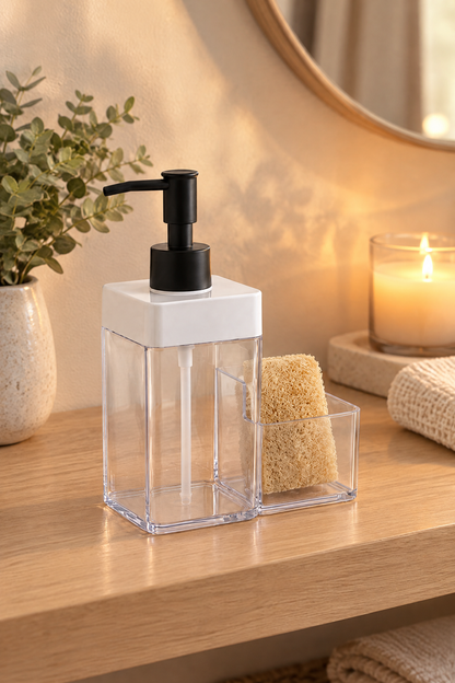 Sıvı Sabunluk Süngerlikli, 2 Hazneli, 350 ml + 350 ml, Plastik – Beyaz