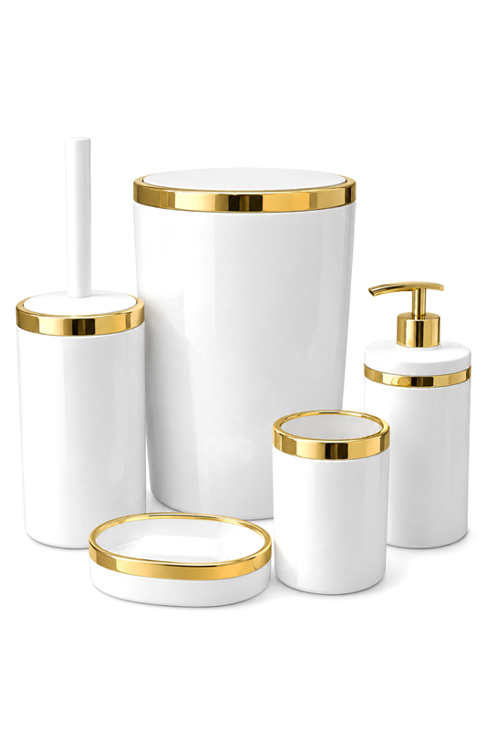 Banyo Seti 5'li, Akrilik-ÇöpKovası, WC Fırçalık, Sıvı Sabunluk, Diş Fırçalık, El Sabunluk, Gold Renk Detay – Beyaz