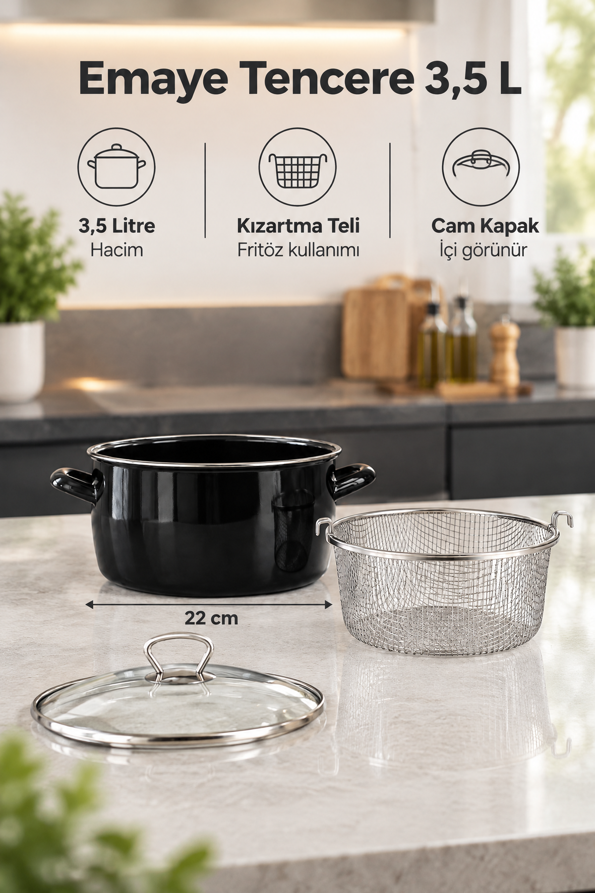 Emaye Tencere, Fritöz, Cam Kapaklı – 22 cm Çap, 3,5 Litre Hacim – Sarı