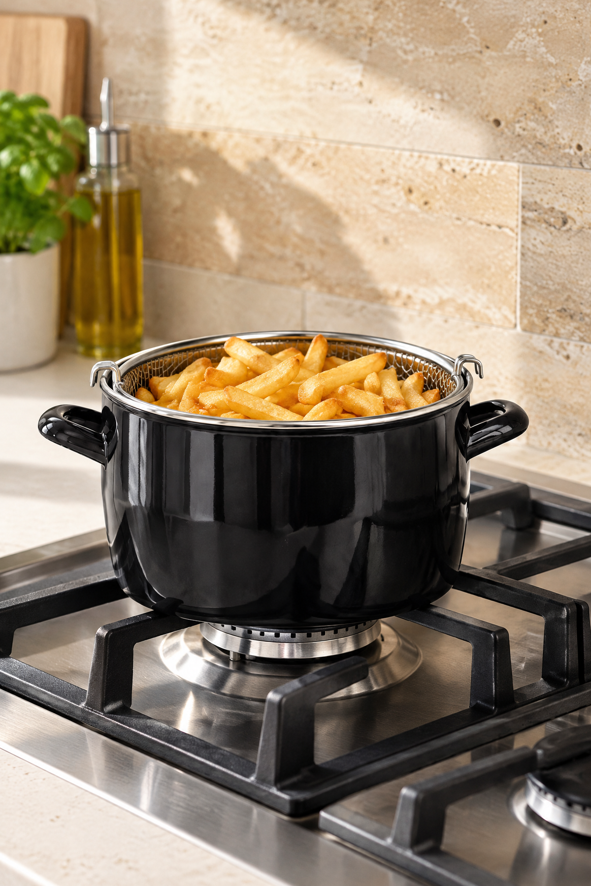 Emaye Tencere, Fritöz, Cam Kapaklı – 22 cm Çap, 3,5 Litre Hacim – Sarı