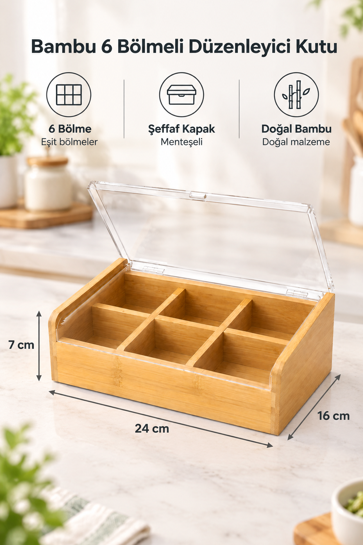 Bambu 6 Bölmeli Düzenleyici Kutu, Şeffaf Kapak