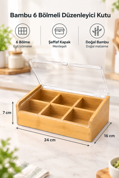 Bambu 6 Bölmeli Düzenleyici Kutu, Şeffaf Kapak