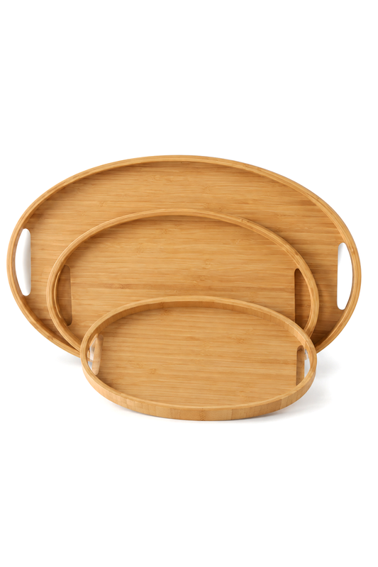 Bambu Oval 3'lü Tepsi Seti. Küçük Tepsi: 20x29 cm. Orta Tepsi: 26x36 cm. Büyük Tepsi: 31x45 cm