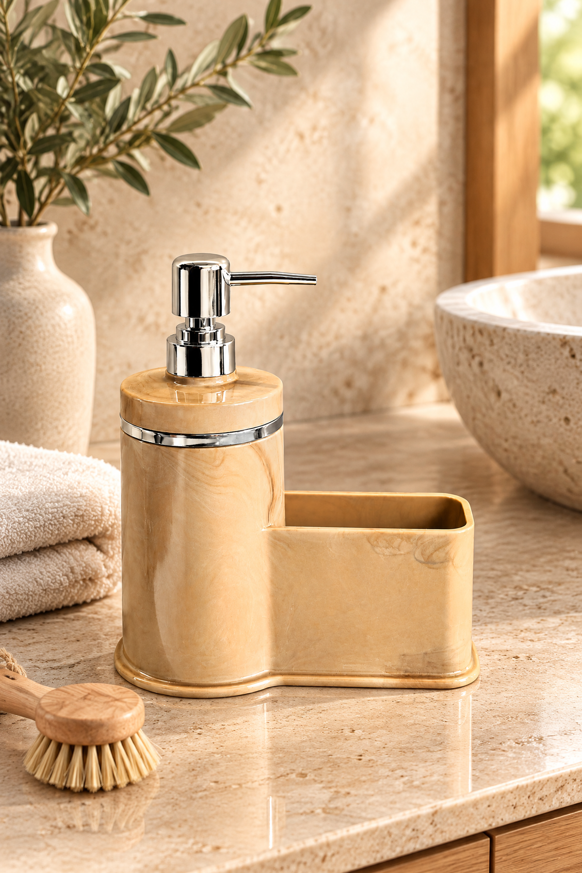 Mutfak Veya Banyo İçin Şık Gümüş Detaylı Süngerlikli Sıvı Sabunluk, Yerli Üretim – Bej