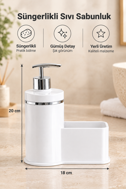 Mutfak Veya Banyo İçin Şık Gümüş Detaylı Süngerlikli Sıvı Sabunluk, Yerli Üretim – Beyaz