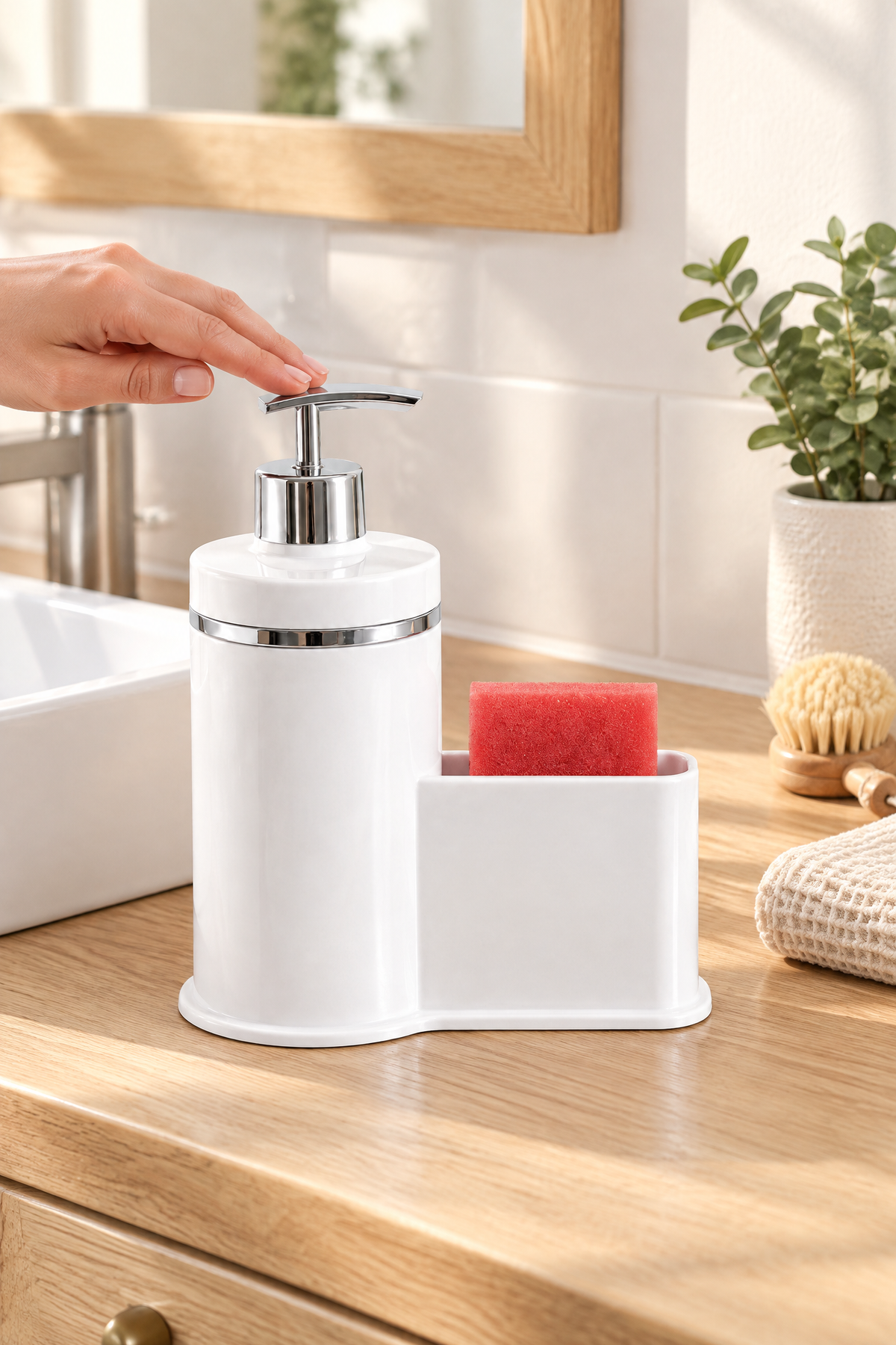 Mutfak Veya Banyo İçin Şık Gümüş Detaylı Süngerlikli Sıvı Sabunluk, Yerli Üretim – Beyaz