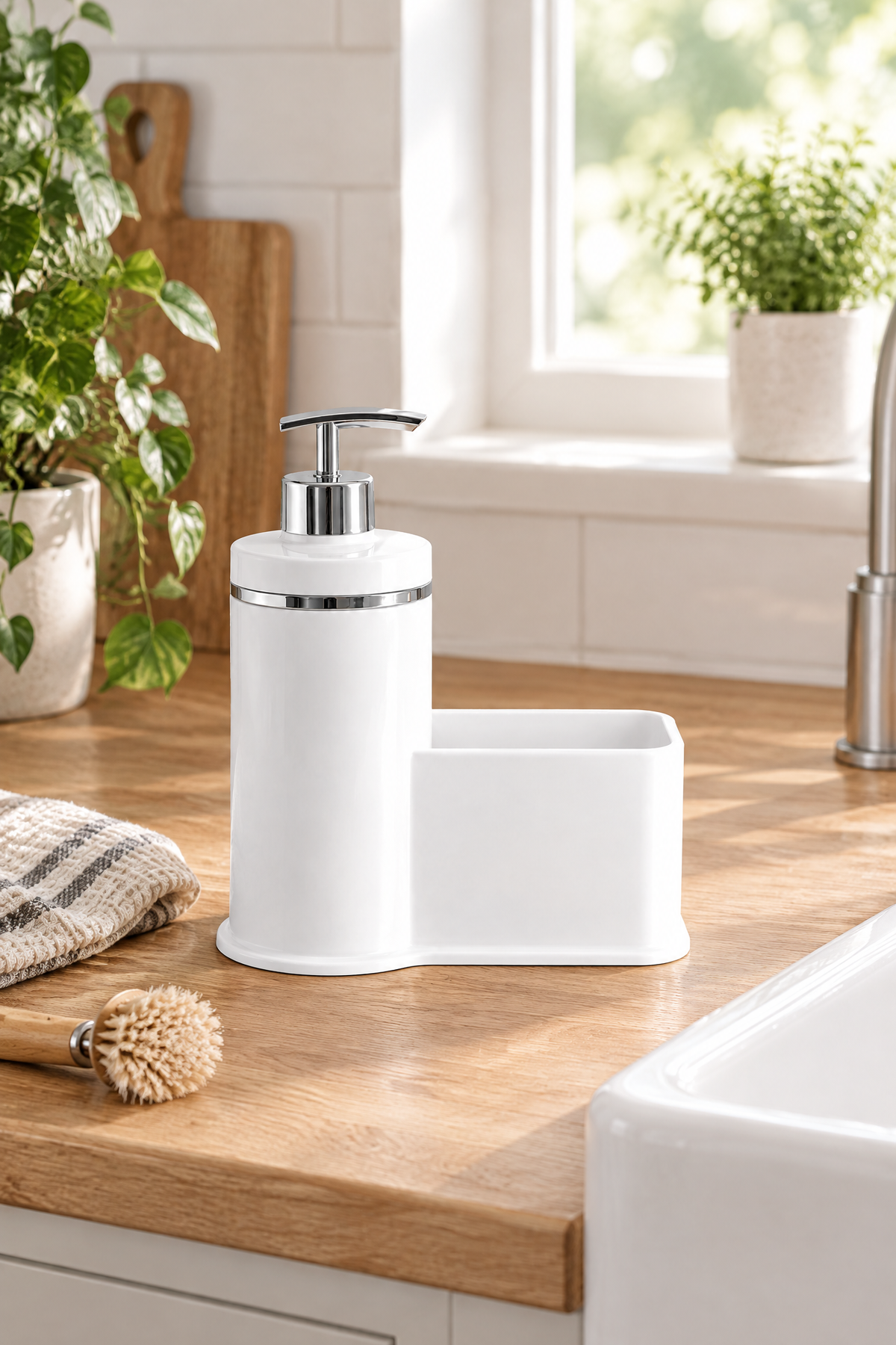 Mutfak Veya Banyo İçin Şık Gümüş Detaylı Süngerlikli Sıvı Sabunluk, Yerli Üretim – Beyaz