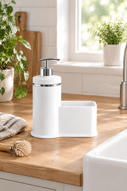 Mutfak Veya Banyo İçin Şık Gümüş Detaylı Süngerlikli Sıvı Sabunluk, Yerli Üretim – Beyaz