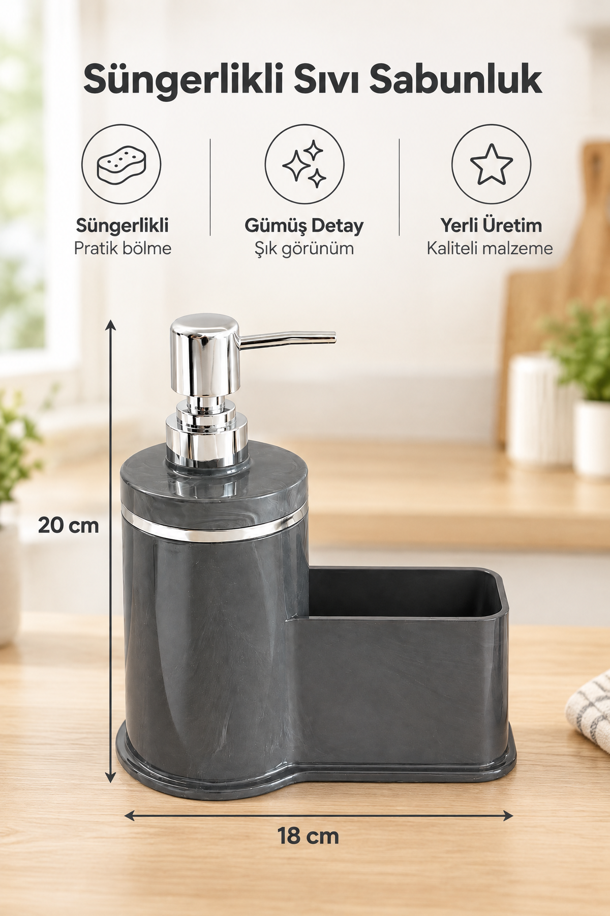 Mutfak Veya Banyo İçin Şık Gümüş Detaylı Süngerlikli Sıvı Sabunluk, Yerli Üretim – Gri