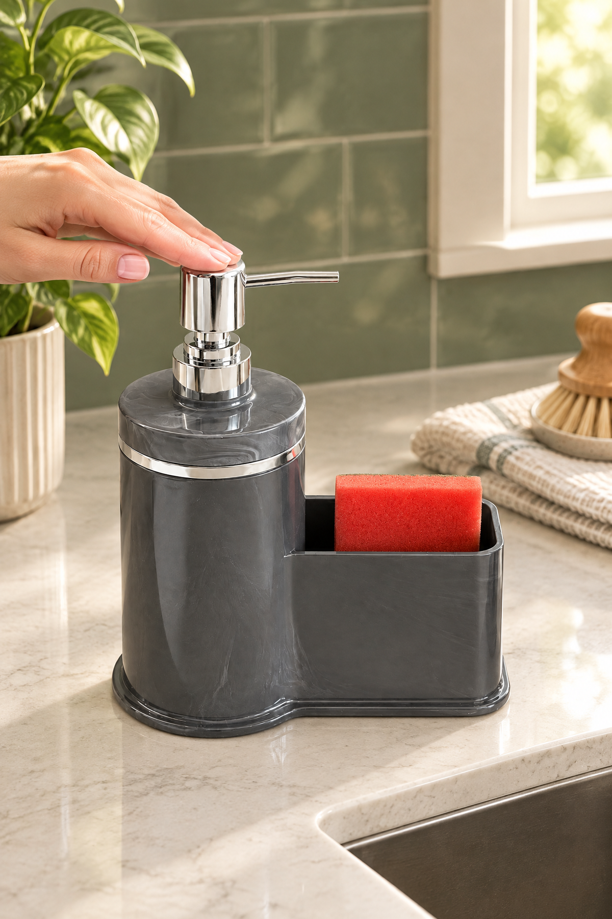 Mutfak Veya Banyo İçin Şık Gümüş Detaylı Süngerlikli Sıvı Sabunluk, Yerli Üretim – Gri