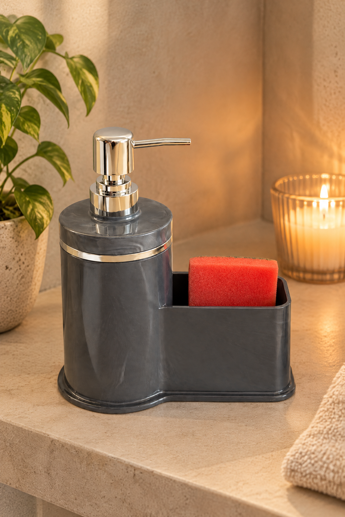 Mutfak Veya Banyo İçin Şık Gümüş Detaylı Süngerlikli Sıvı Sabunluk, Yerli Üretim – Gri