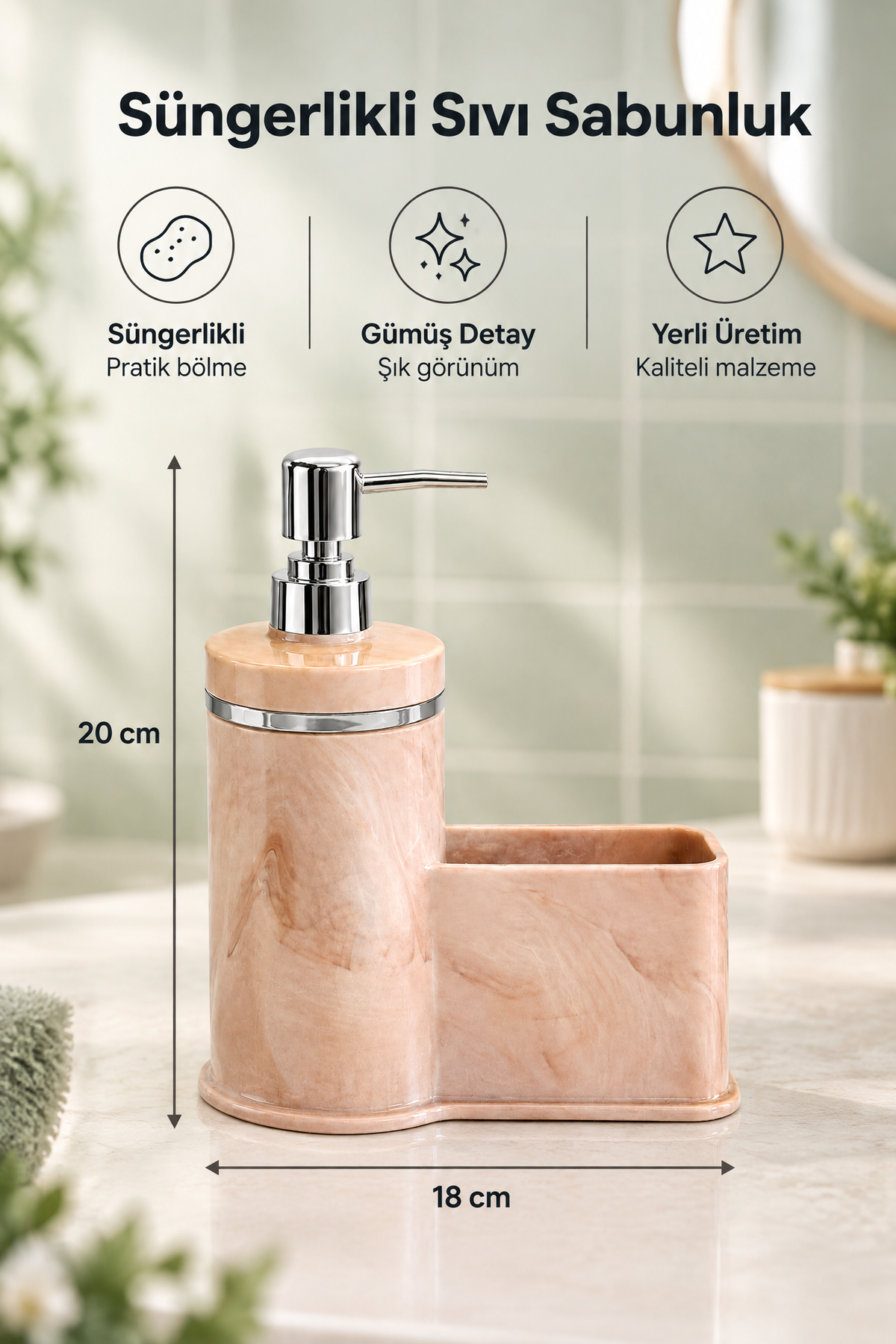 Mutfak Veya Banyo İçin Şık Gümüş Detaylı Süngerlikli Sıvı Sabunluk, Yerli Üretim – Pembe
