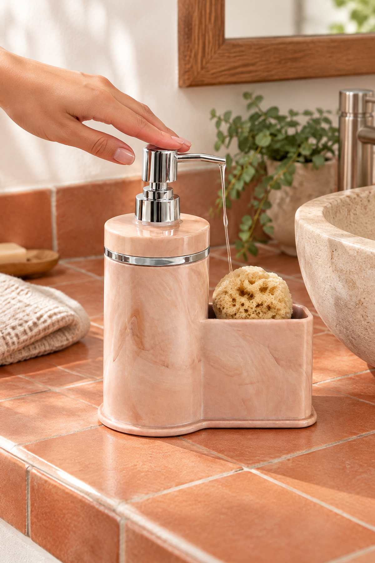 Mutfak Veya Banyo İçin Şık Gümüş Detaylı Süngerlikli Sıvı Sabunluk, Yerli Üretim – Pembe