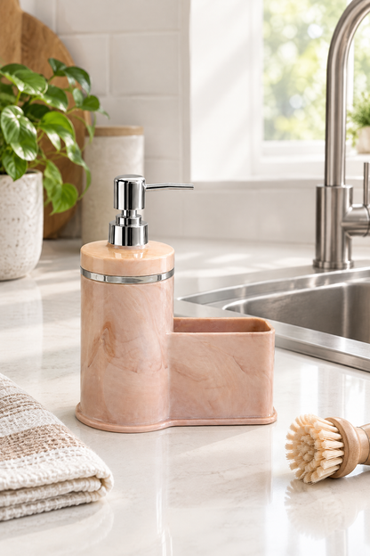 Mutfak Veya Banyo İçin Şık Gümüş Detaylı Süngerlikli Sıvı Sabunluk, Yerli Üretim – Pembe