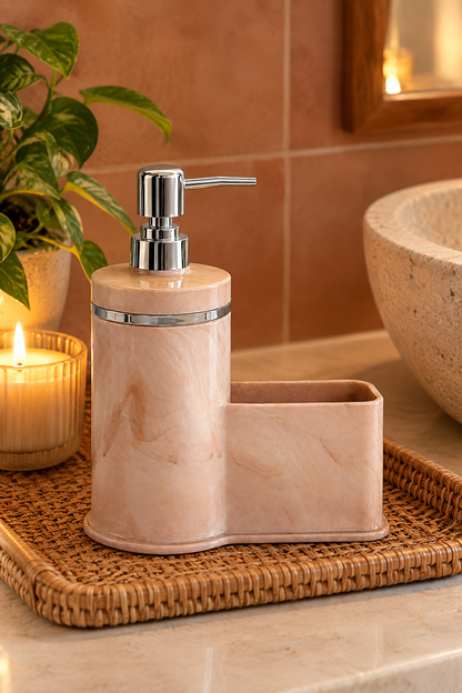 Mutfak Veya Banyo İçin Şık Gümüş Detaylı Süngerlikli Sıvı Sabunluk, Yerli Üretim – Pembe
