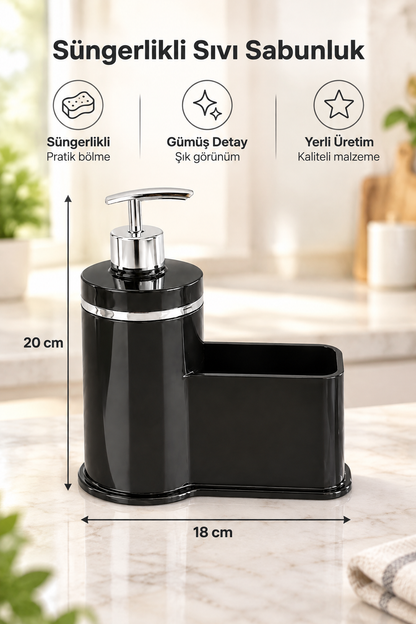Mutfak Veya Banyo İçin Şık Gümüş Detaylı Süngerlikli Sıvı Sabunluk, Yerli Üretim – Siyah