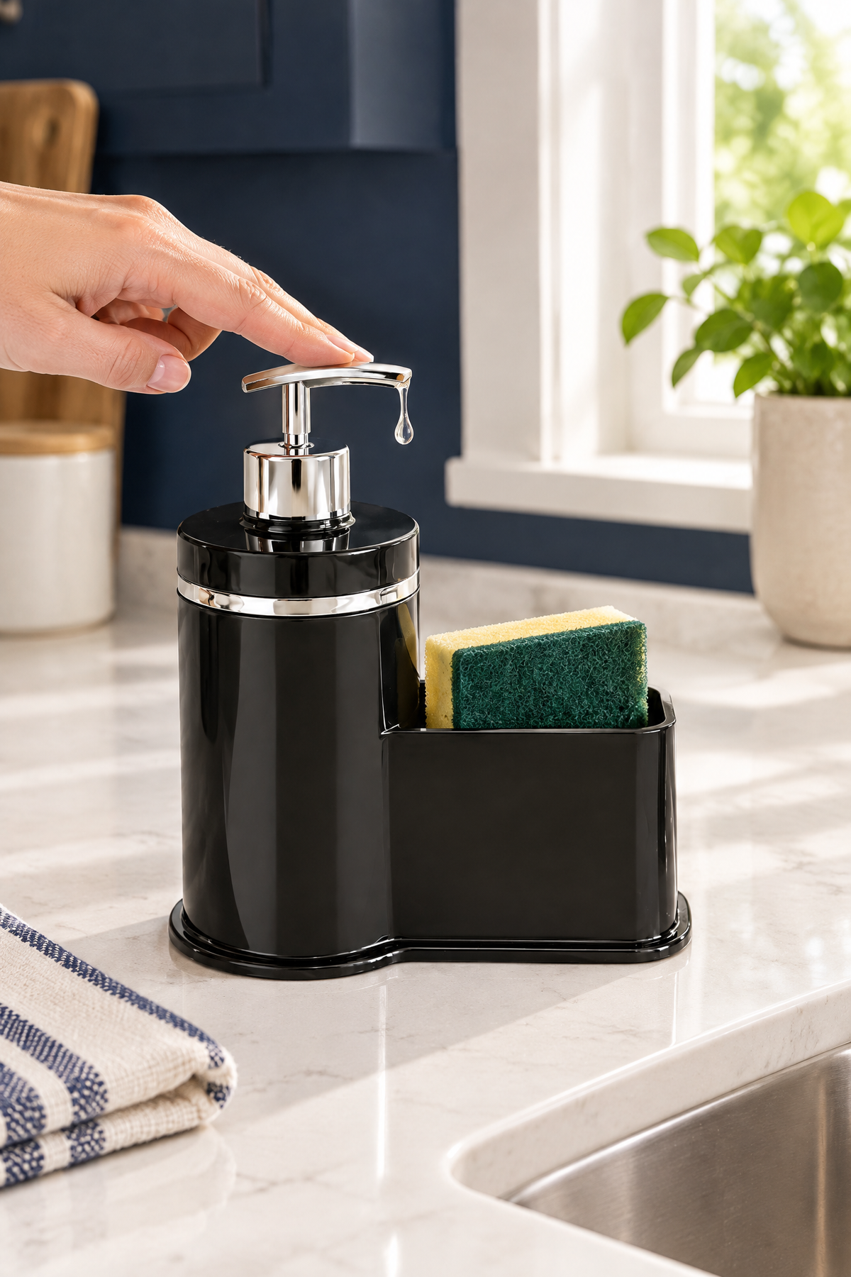 Mutfak Veya Banyo İçin Şık Gümüş Detaylı Süngerlikli Sıvı Sabunluk, Yerli Üretim – Siyah