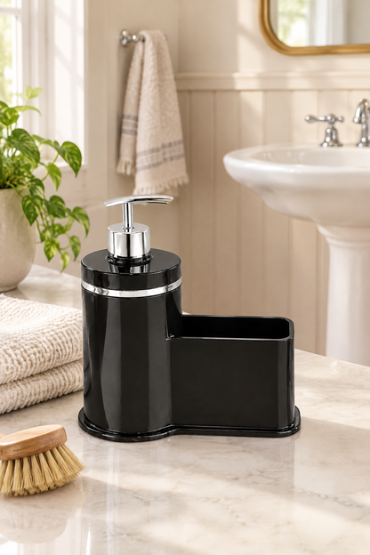Mutfak Veya Banyo İçin Şık Gümüş Detaylı Süngerlikli Sıvı Sabunluk, Yerli Üretim – Siyah