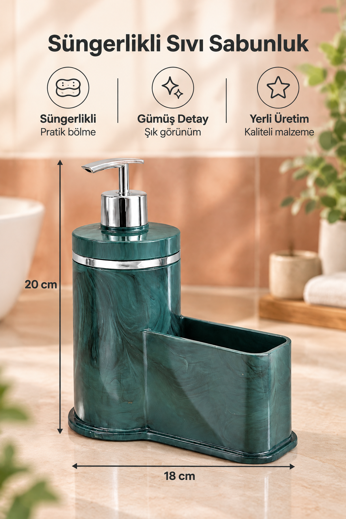 Mutfak Veya Banyo İçin Şık Gümüş Detaylı Süngerlikli Sıvı Sabunluk, Yerli Üretim – Yeşil
