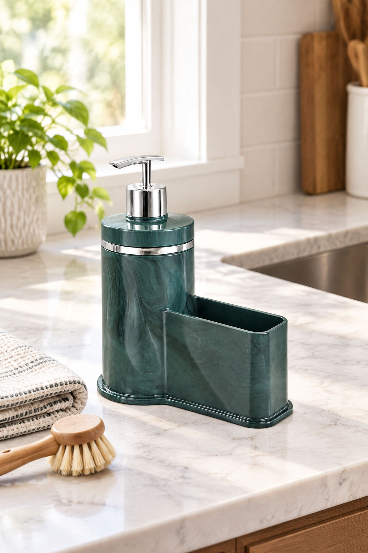 Mutfak Veya Banyo İçin Şık Gümüş Detaylı Süngerlikli Sıvı Sabunluk, Yerli Üretim – Yeşil