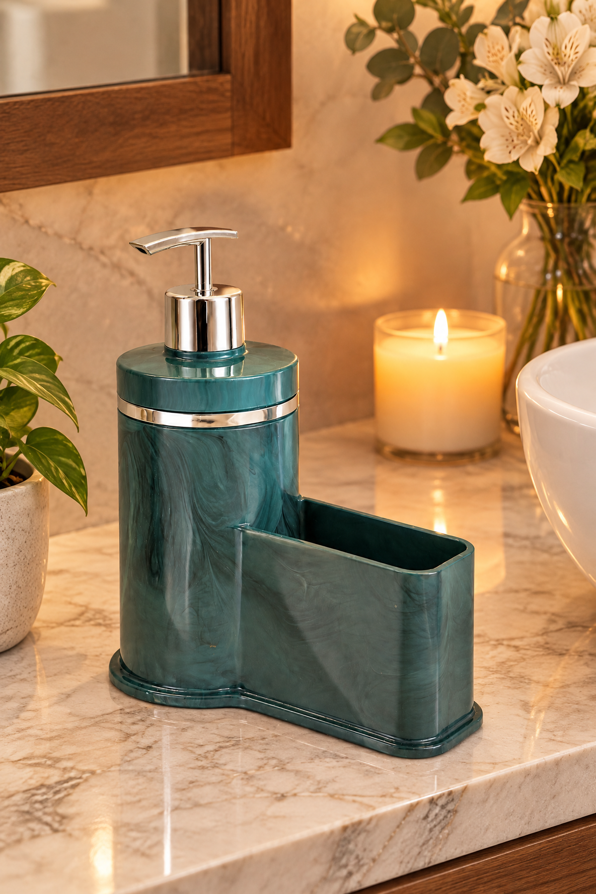 Mutfak Veya Banyo İçin Şık Gümüş Detaylı Süngerlikli Sıvı Sabunluk, Yerli Üretim – Yeşil