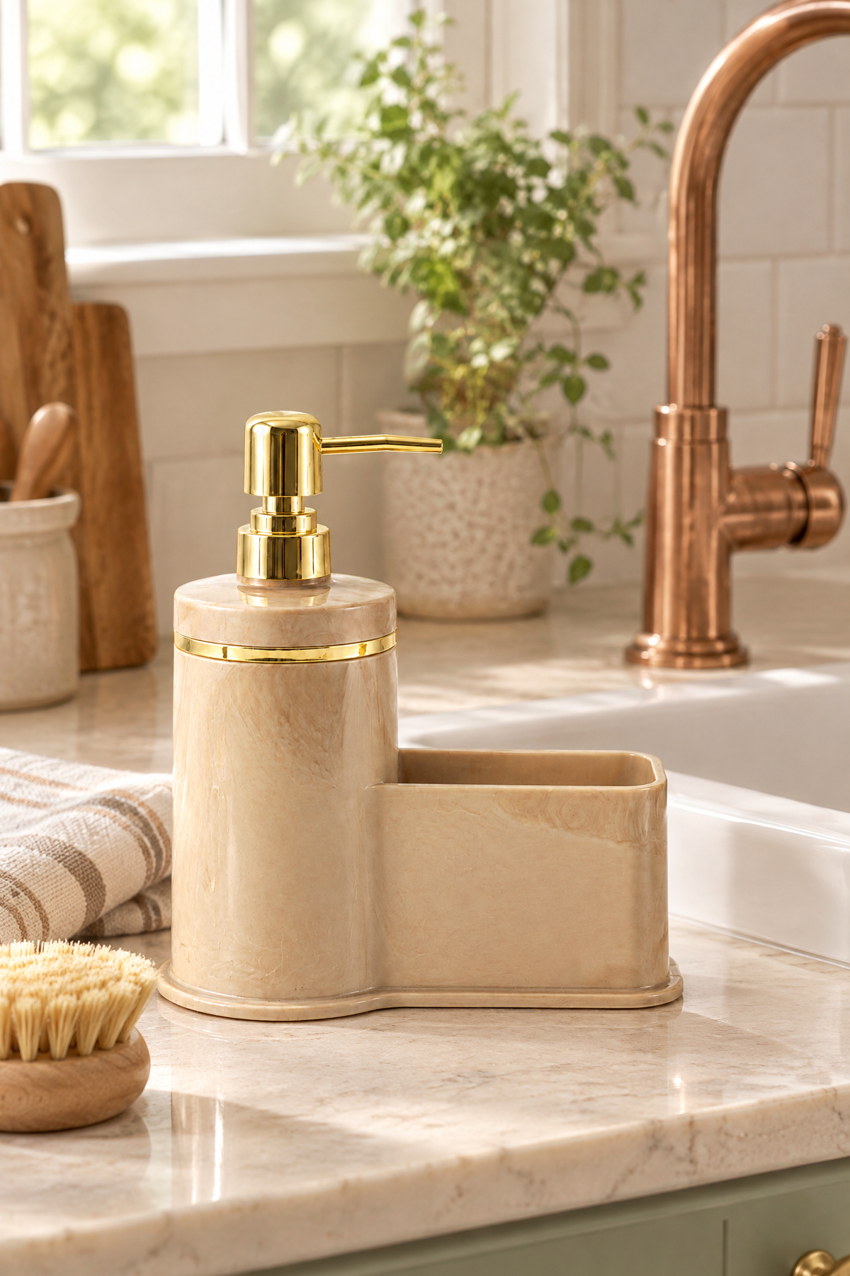 Mutfak Veya Banyo İçin Şık Altın Rengi Detaylı Süngerlikli Sıvı Sabunluk, Yerli Üretim – Bej