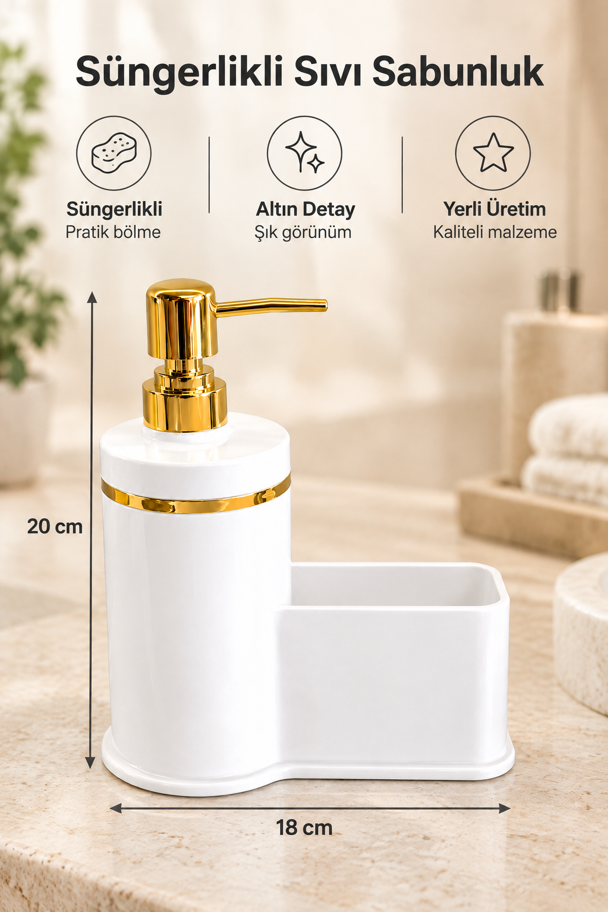 Mutfak Veya Banyo İçin Şık Altın Rengi Detaylı Süngerlikli Sıvı Sabunluk, Yerli Üretim – Beyaz