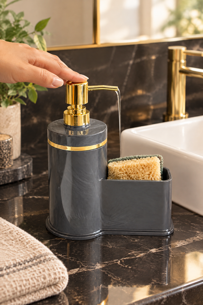Mutfak Veya Banyo İçin Şık Altın Rengi Detaylı Süngerlikli Sıvı Sabunluk, Yerli Üretim – Gri