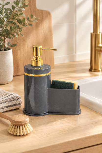 Mutfak Veya Banyo İçin Şık Altın Rengi Detaylı Süngerlikli Sıvı Sabunluk, Yerli Üretim – Gri