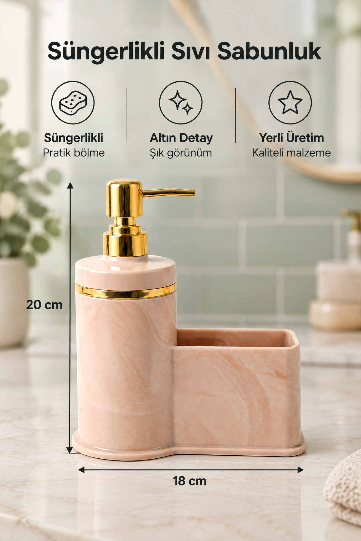 Mutfak Veya Banyo İçin Şık Altın Rengi Detaylı Süngerlikli Sıvı Sabunluk, Yerli Üretim – Pembe