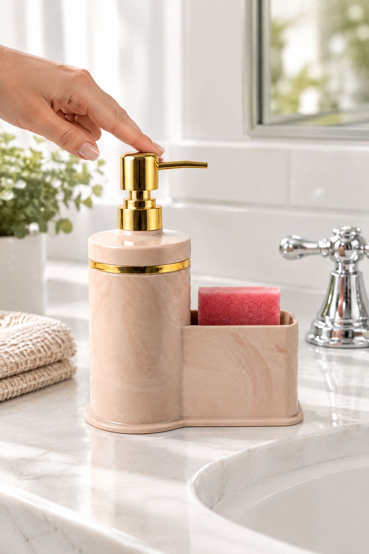 Mutfak Veya Banyo İçin Şık Altın Rengi Detaylı Süngerlikli Sıvı Sabunluk, Yerli Üretim – Pembe