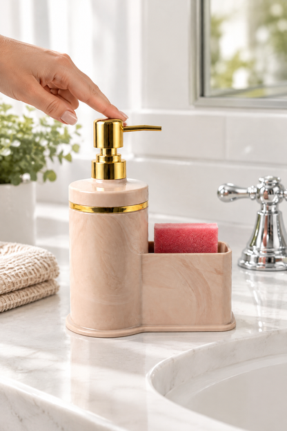 Mutfak Veya Banyo İçin Şık Altın Rengi Detaylı Süngerlikli Sıvı Sabunluk, Yerli Üretim – Pembe