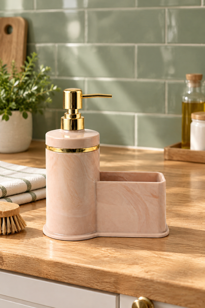 Mutfak Veya Banyo İçin Şık Altın Rengi Detaylı Süngerlikli Sıvı Sabunluk, Yerli Üretim – Pembe