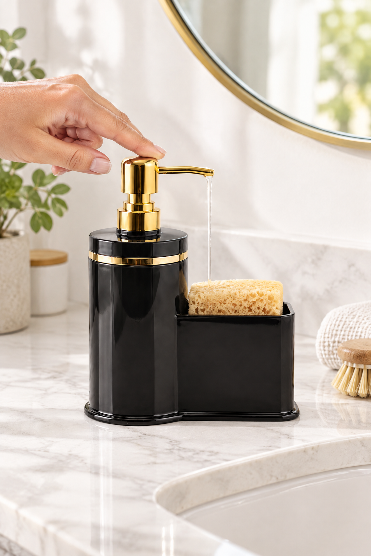 Mutfak Veya Banyo İçin Şık Altın Rengi Detaylı Süngerlikli Sıvı Sabunluk, Yerli Üretim – Siyah